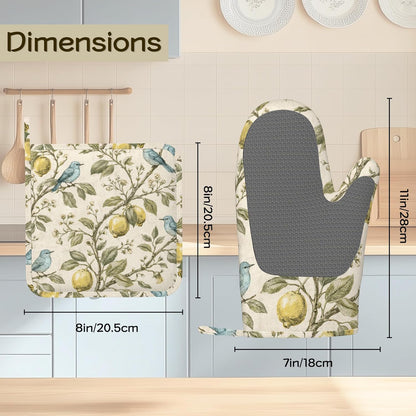 Vintage Blue Bird Oven Mitts and Pot Holders Sets Silicone Botanical Lemon Kitchen Mitts Potholders Heat Resistant 4Pcs Oven Gloves Hot Pads for Kitchen Baking Cooking