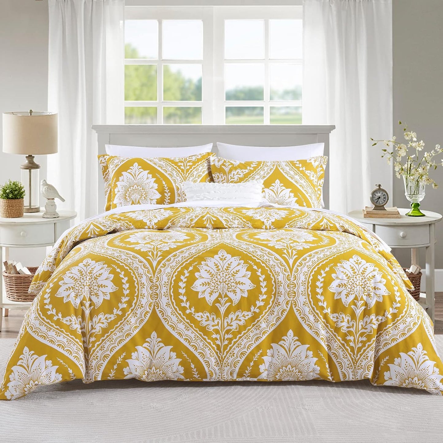 CozyDH Cotton Duvet Cover King Size - 100% Cotton 400 Thread Count Washed Duvet Cover Set with Yellow Floral Damask Paisley Pattern, 3 Piece Soft Bedding Set (King, 104" x 90", No Comforter)