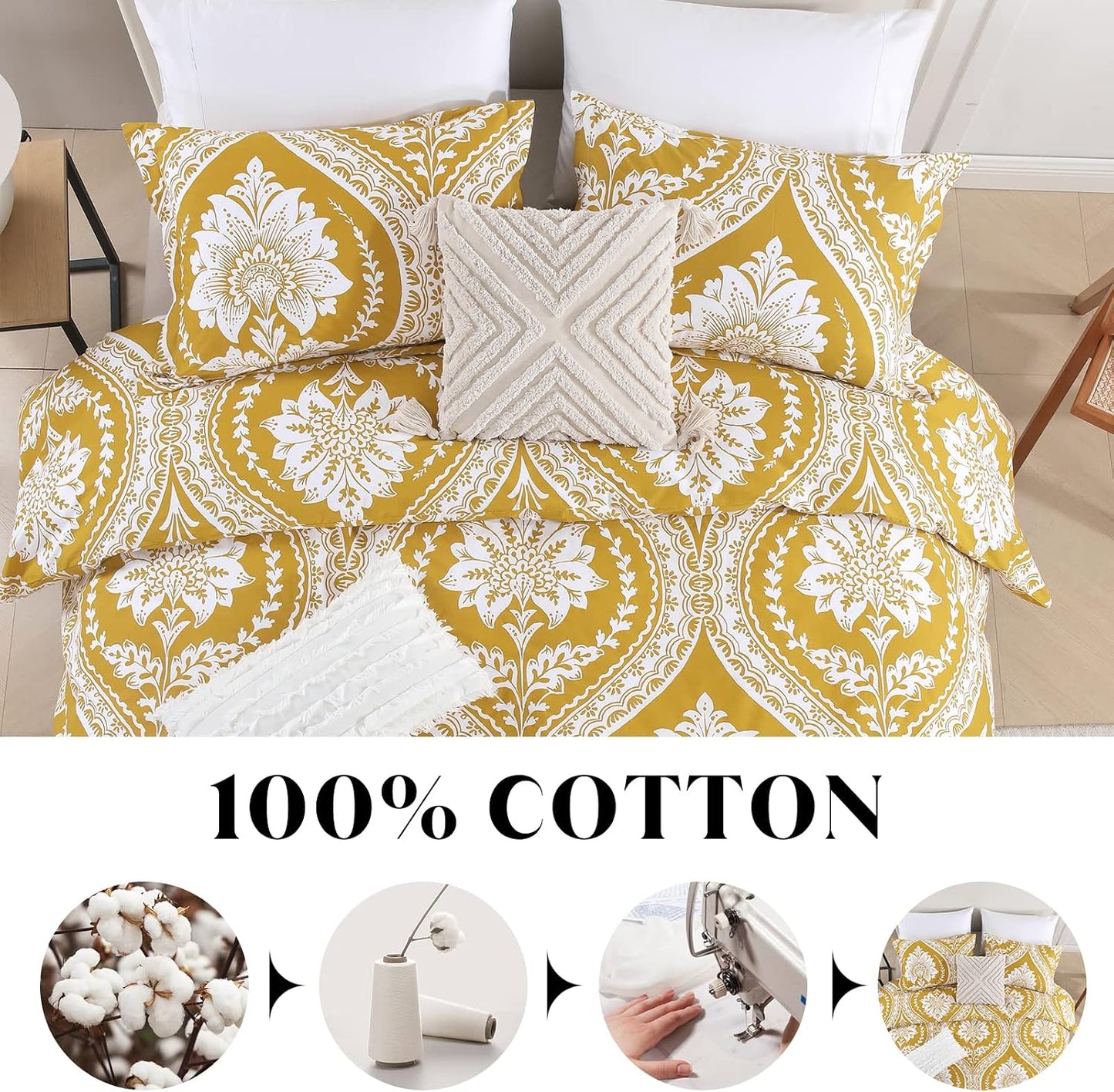 CozyDH Cotton Duvet Cover King Size - 100% Cotton 400 Thread Count Washed Duvet Cover Set with Yellow Floral Damask Paisley Pattern, 3 Piece Soft Bedding Set (King, 104" x 90", No Comforter)