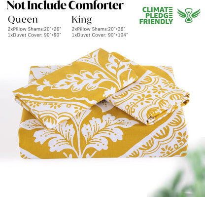 CozyDH Cotton Duvet Cover King Size - 100% Cotton 400 Thread Count Washed Duvet Cover Set with Yellow Floral Damask Paisley Pattern, 3 Piece Soft Bedding Set (King, 104" x 90", No Comforter)