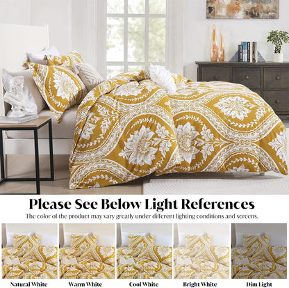 CozyDH Cotton Duvet Cover King Size - 100% Cotton 400 Thread Count Washed Duvet Cover Set with Yellow Floral Damask Paisley Pattern, 3 Piece Soft Bedding Set (King, 104" x 90", No Comforter)