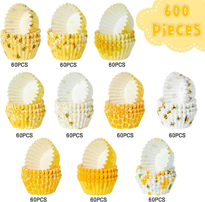Bee Mini Cupcake Liners - 600pcs Summer Baking Cups Muffin Paper Cupcakes Wrappers for Birthday Party, Yellow Honey Candy Cake Chocolate Wrap Making Supplies for Baby Shower Wedding (10 Styles)