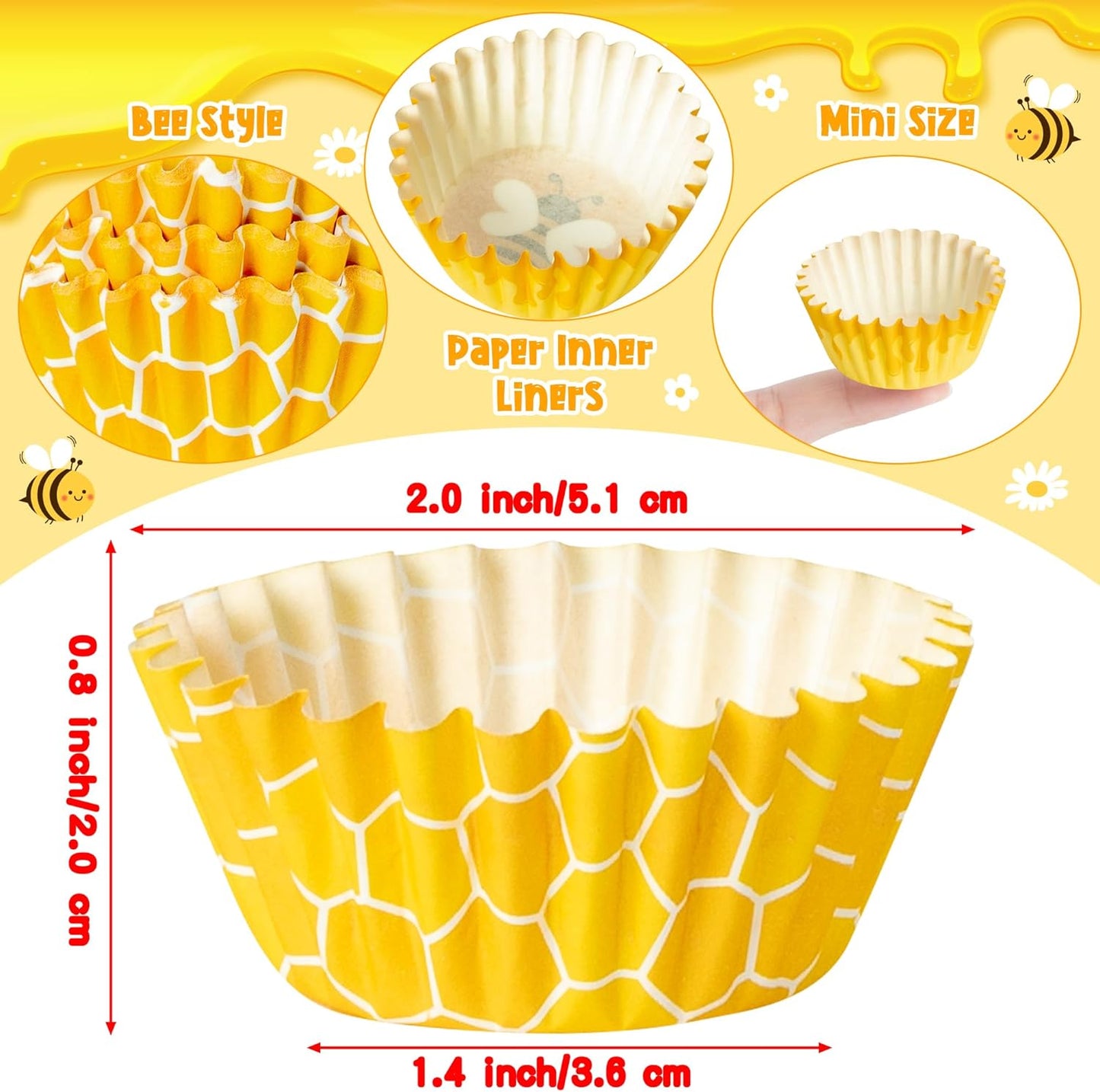 Bee Mini Cupcake Liners - 600pcs Summer Baking Cups Muffin Paper Cupcakes Wrappers for Birthday Party, Yellow Honey Candy Cake Chocolate Wrap Making Supplies for Baby Shower Wedding (10 Styles)