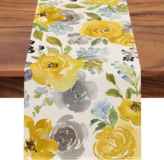 Spring Yellow Floral Flowers Table Runner, Rose Peony Watercolor Kitchen Dining Table Decor, Seasonal Summer Burlap Home Decoration Indoor Outdoor Party Supply 13 x 72 Inches