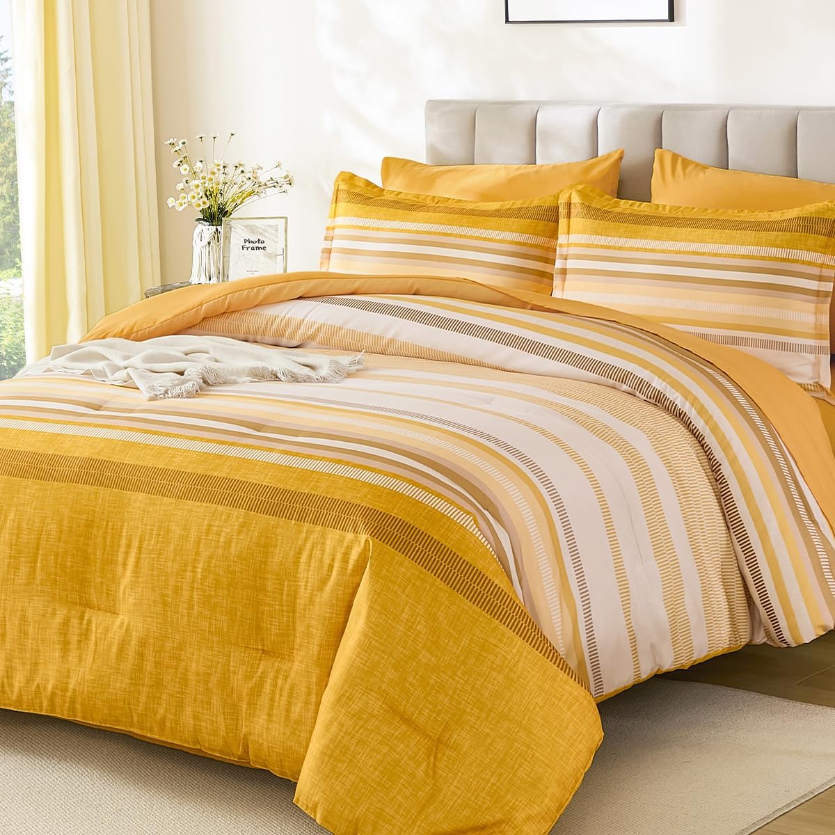 Yellow Comforter Set King Size 7 Piece, Boho Striped Bed in a Bag King Soft Microfiber Bedding Sets with Comforter, Sheets, Pillowcases & Shams All Season