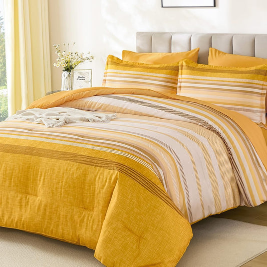 Yellow Comforter Set King Size 7 Piece, Boho Striped Bed in a Bag King Soft Microfiber Bedding Sets with Comforter, Sheets, Pillowcases & Shams All Season