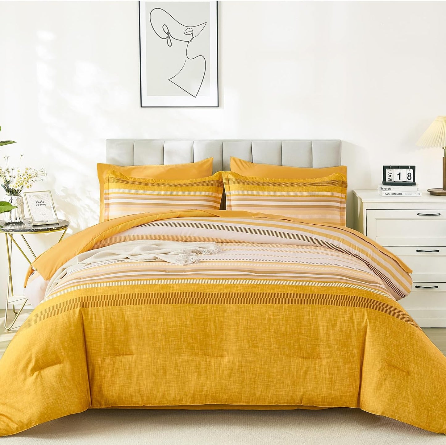 Yellow Comforter Set King Size 7 Piece, Boho Striped Bed in a Bag King Soft Microfiber Bedding Sets with Comforter, Sheets, Pillowcases & Shams All Season