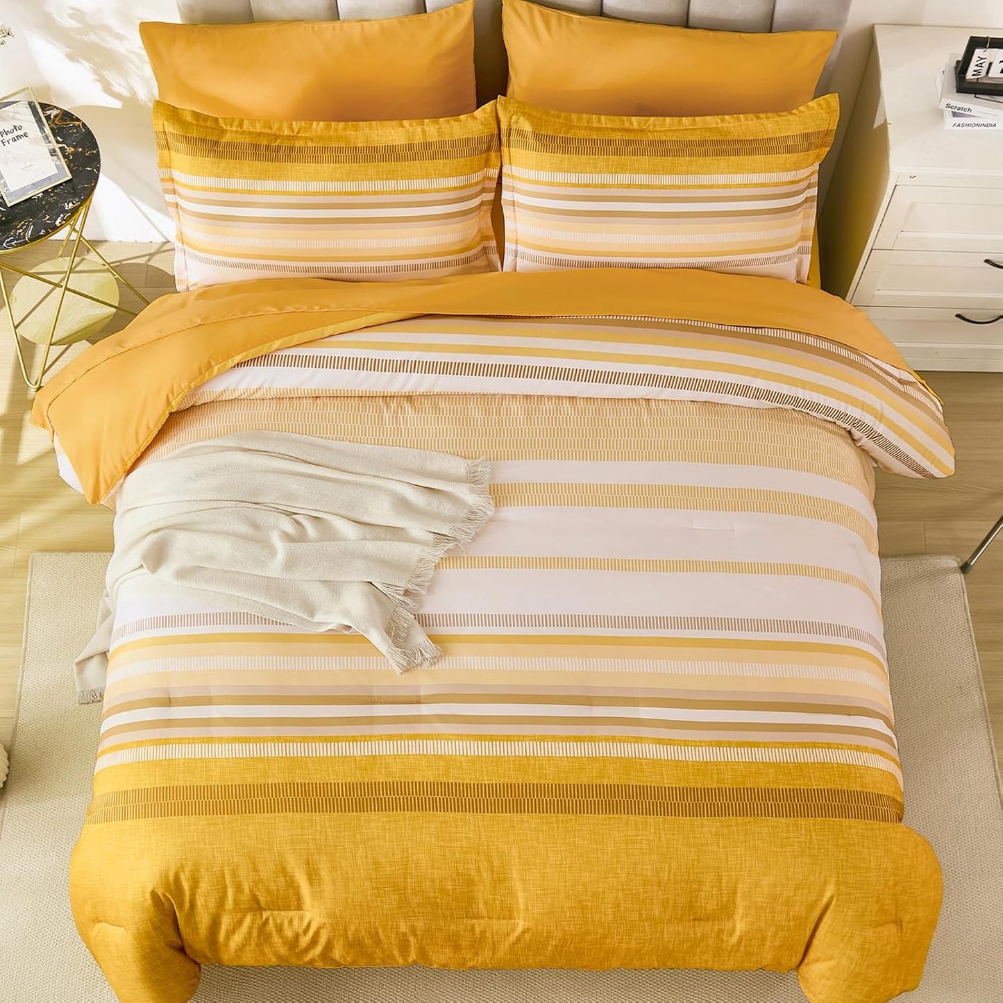 Yellow Comforter Set King Size 7 Piece, Boho Striped Bed in a Bag King Soft Microfiber Bedding Sets with Comforter, Sheets, Pillowcases & Shams All Season