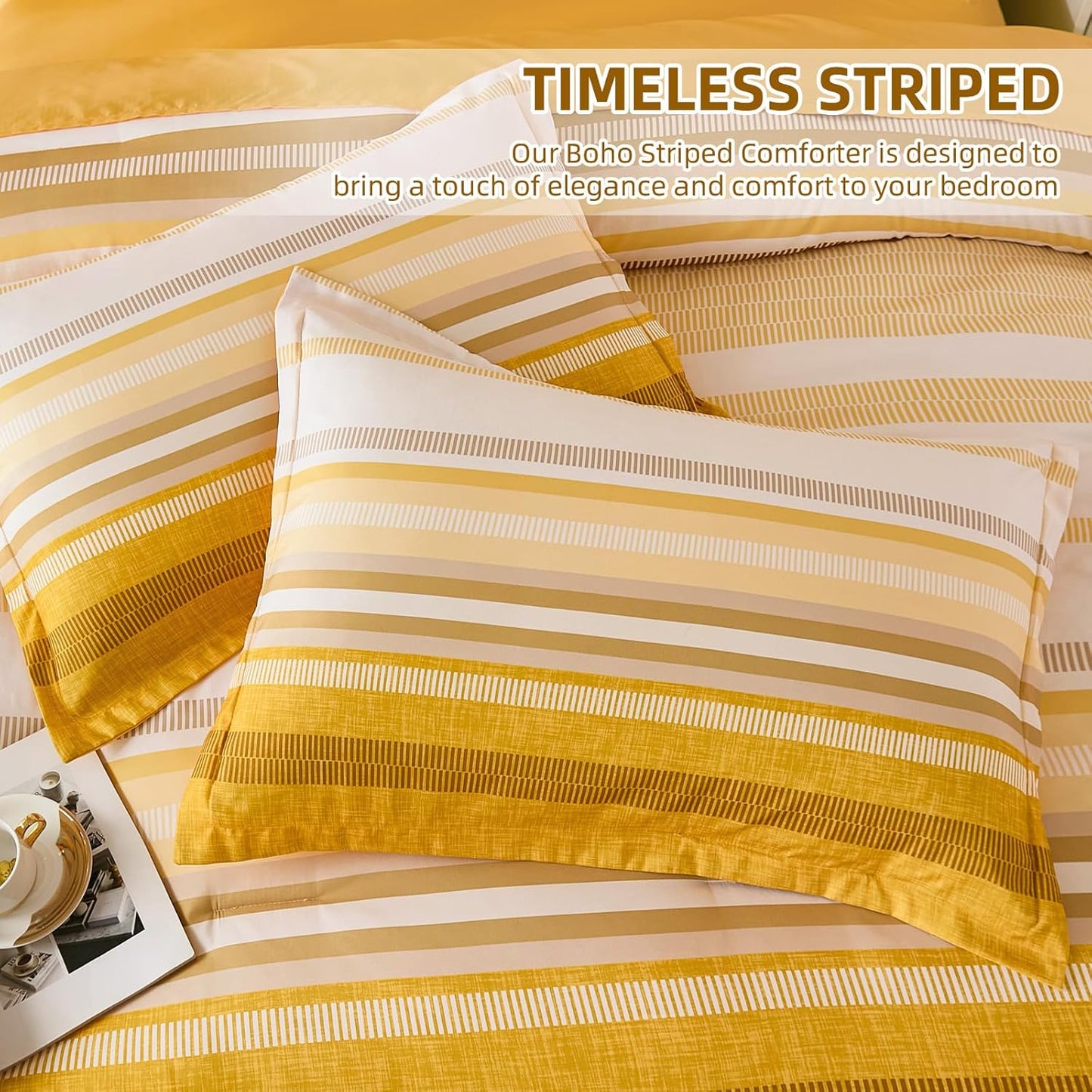 Yellow Comforter Set King Size 7 Piece, Boho Striped Bed in a Bag King Soft Microfiber Bedding Sets with Comforter, Sheets, Pillowcases & Shams All Season