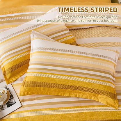 Yellow Comforter Set King Size 7 Piece, Boho Striped Bed in a Bag King Soft Microfiber Bedding Sets with Comforter, Sheets, Pillowcases & Shams All Season