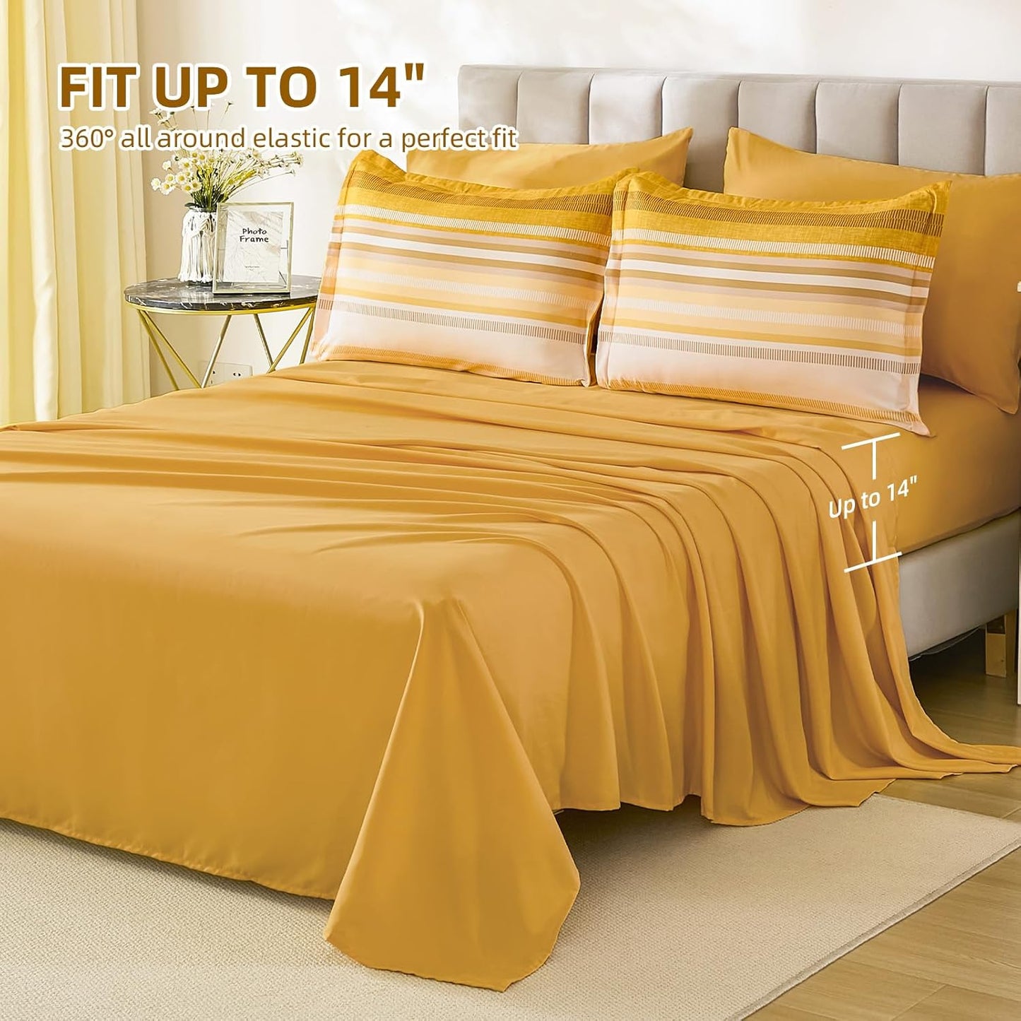 Yellow Comforter Set King Size 7 Piece, Boho Striped Bed in a Bag King Soft Microfiber Bedding Sets with Comforter, Sheets, Pillowcases & Shams All Season