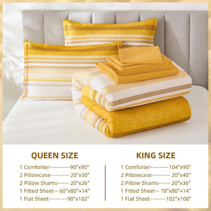 Yellow Comforter Set King Size 7 Piece, Boho Striped Bed in a Bag King Soft Microfiber Bedding Sets with Comforter, Sheets, Pillowcases & Shams All Season