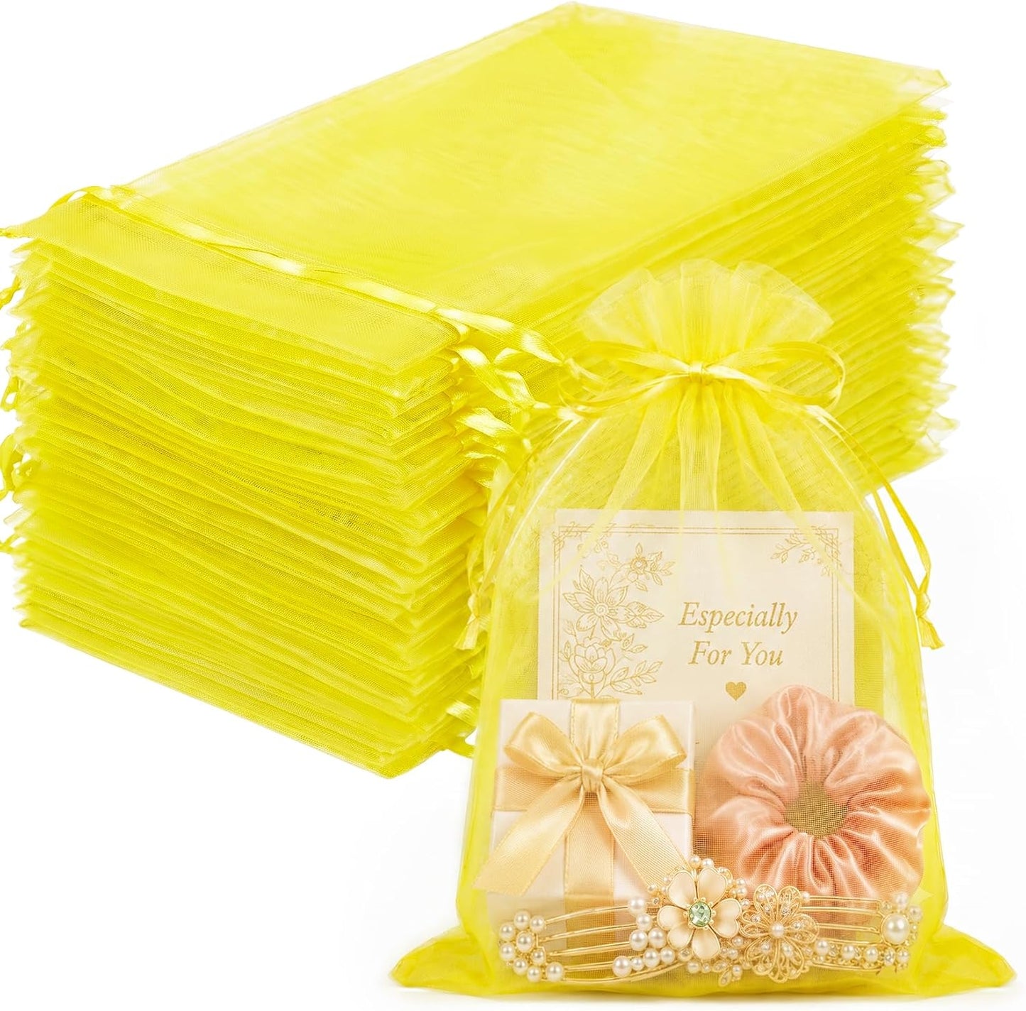 100PCS Lemon Yellow Sheer Organza Bags 5x7 in, Goodie Bags Bulk | Small Mesh Gift Bag with Drawstring for Wedding Party Favor, Drawstring Pouch for Jewelry, Sachet Bags for Treat, Candy, Soap