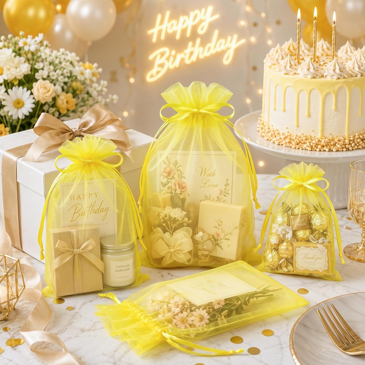 100PCS Lemon Yellow Sheer Organza Bags 5x7 in, Goodie Bags Bulk | Small Mesh Gift Bag with Drawstring for Wedding Party Favor, Drawstring Pouch for Jewelry, Sachet Bags for Treat, Candy, Soap