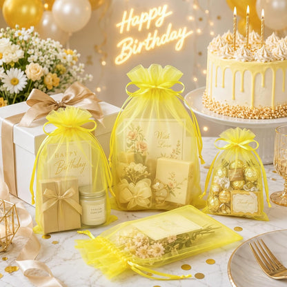 100PCS Lemon Yellow Sheer Organza Bags 5x7 in, Goodie Bags Bulk | Small Mesh Gift Bag with Drawstring for Wedding Party Favor, Drawstring Pouch for Jewelry, Sachet Bags for Treat, Candy, Soap