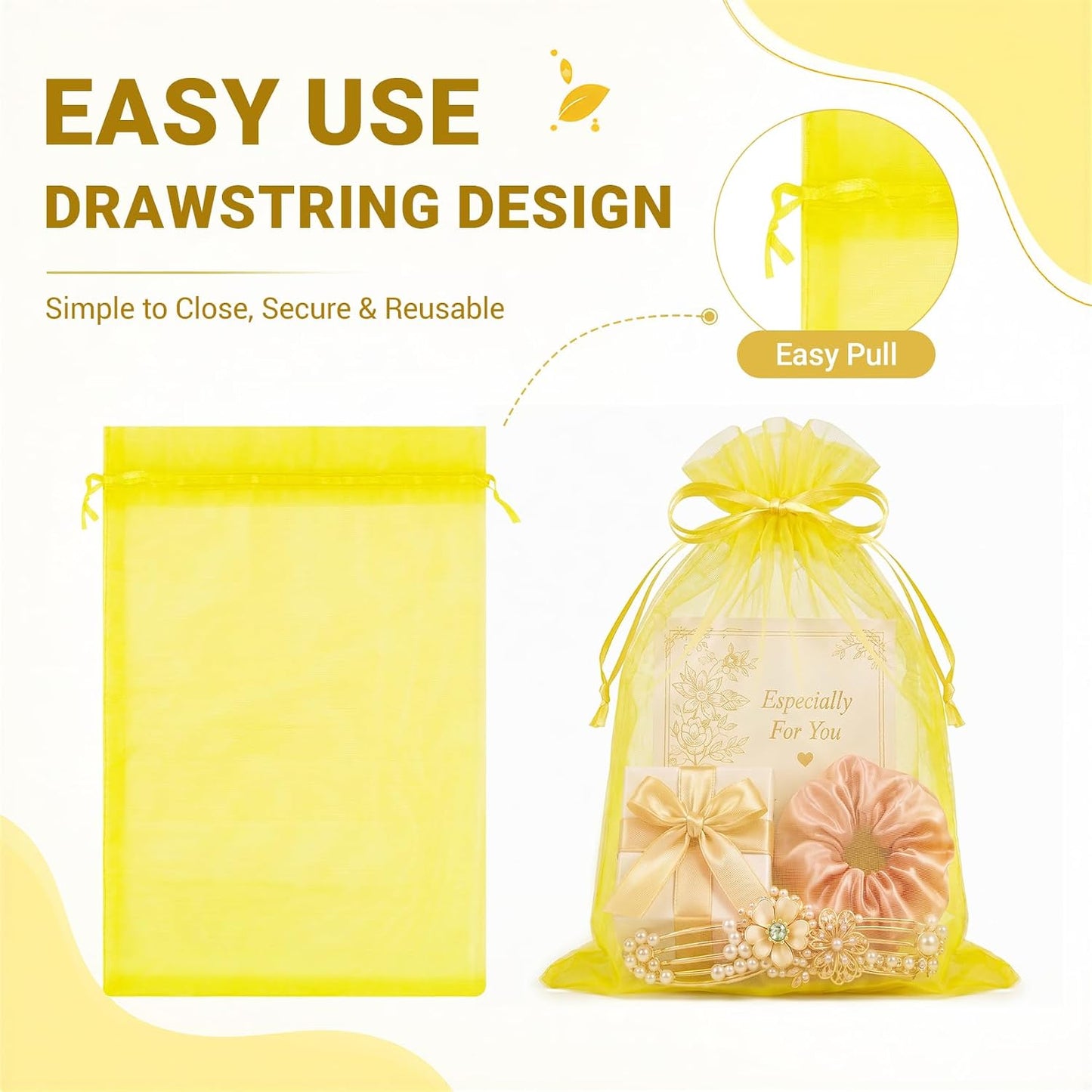 100PCS Lemon Yellow Sheer Organza Bags 5x7 in, Goodie Bags Bulk | Small Mesh Gift Bag with Drawstring for Wedding Party Favor, Drawstring Pouch for Jewelry, Sachet Bags for Treat, Candy, Soap
