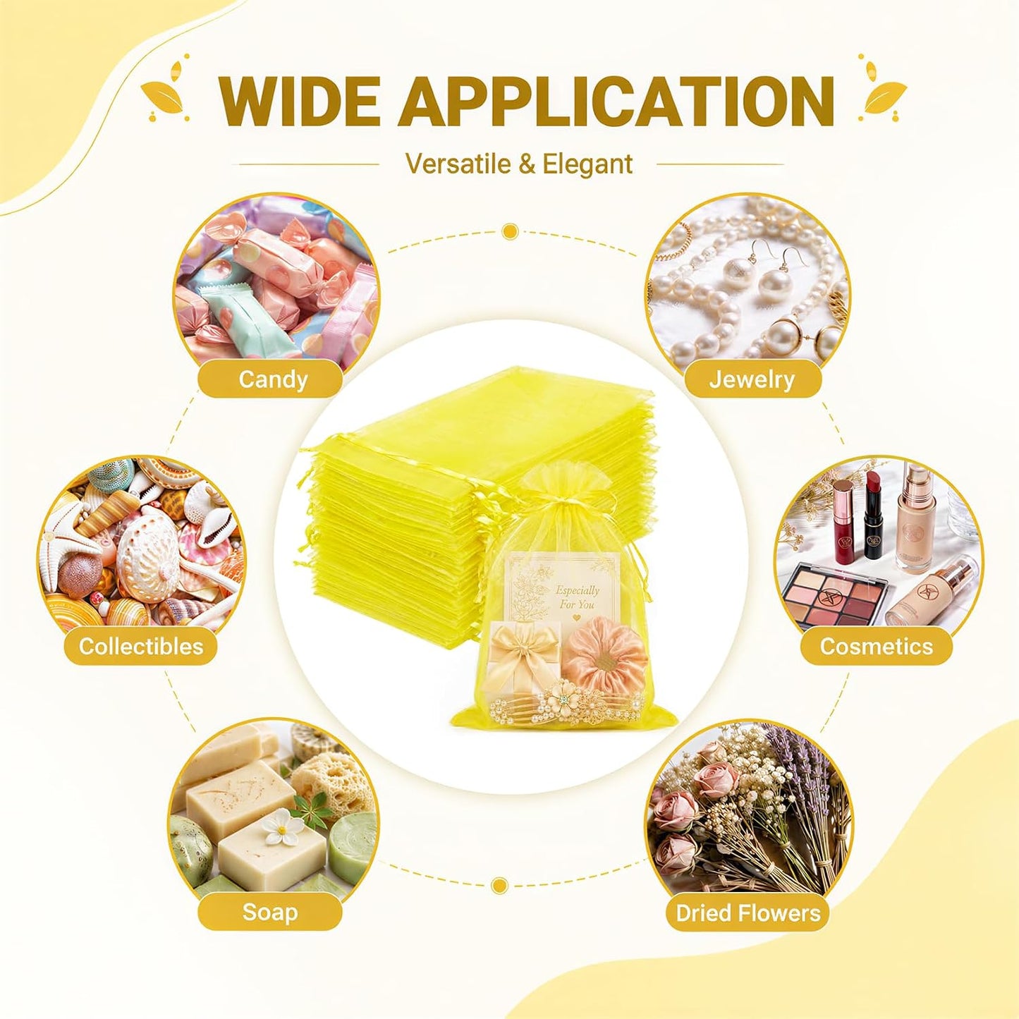 100PCS Lemon Yellow Sheer Organza Bags 5x7 in, Goodie Bags Bulk | Small Mesh Gift Bag with Drawstring for Wedding Party Favor, Drawstring Pouch for Jewelry, Sachet Bags for Treat, Candy, Soap
