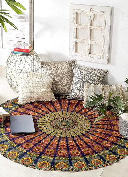 Yellow Mandala Round Beach Tapestry Hippie/Boho Beach Blanket/Indian Cotton Throw Bohemian Round Table Cloth/Aesthetic Tapestry/Yoga Mat Meditation Picnic Rugs 127 CM / 50 INCHE Circle