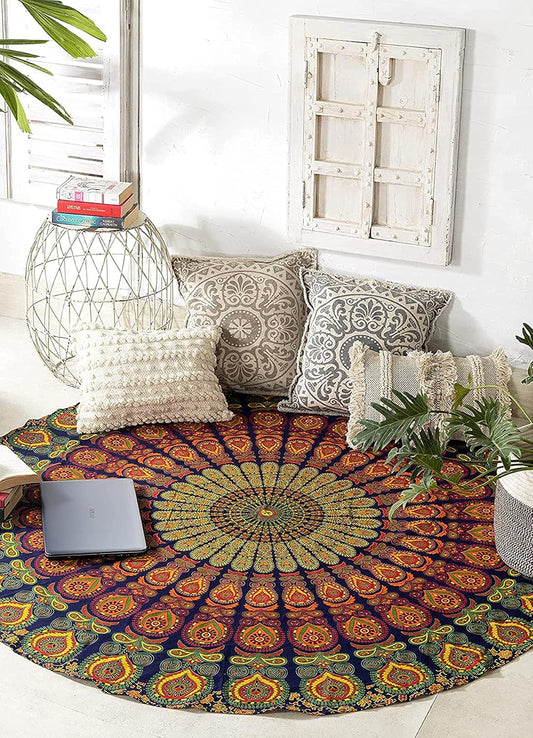 Yellow Mandala Round Beach Tapestry Hippie/Boho Beach Blanket/Indian Cotton Throw Bohemian Round Table Cloth/Aesthetic Tapestry/Yoga Mat Meditation Picnic Rugs 127 CM / 50 INCHE Circle
