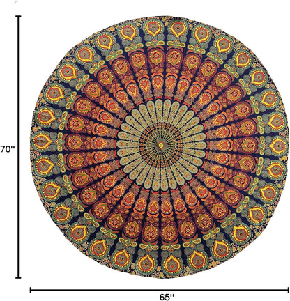 Yellow Mandala Round Beach Tapestry Hippie/Boho Beach Blanket/Indian Cotton Throw Bohemian Round Table Cloth/Aesthetic Tapestry/Yoga Mat Meditation Picnic Rugs 127 CM / 50 INCHE Circle