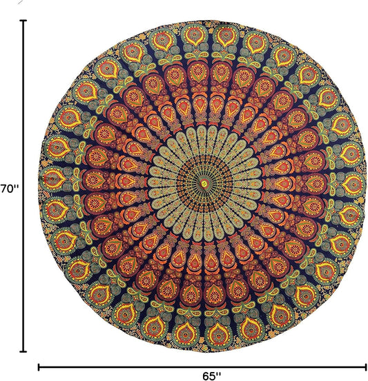 Yellow Mandala Round Beach Tapestry Hippie/Boho Beach Blanket/Indian Cotton Throw Bohemian Round Table Cloth/Aesthetic Tapestry/Yoga Mat Meditation Picnic Rugs 127 CM / 50 INCHE Circle