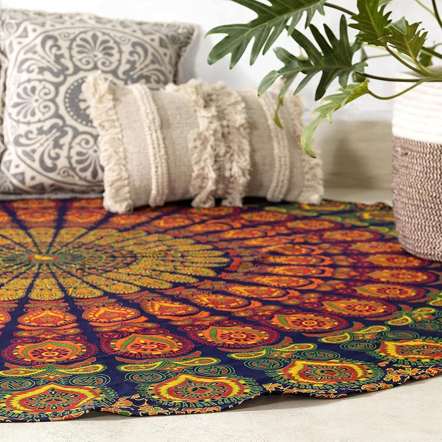 Yellow Mandala Round Beach Tapestry Hippie/Boho Beach Blanket/Indian Cotton Throw Bohemian Round Table Cloth/Aesthetic Tapestry/Yoga Mat Meditation Picnic Rugs 127 CM / 50 INCHE Circle