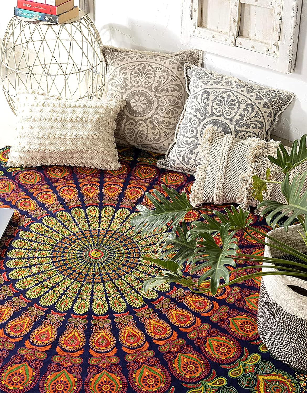 Yellow Mandala Round Beach Tapestry Hippie/Boho Beach Blanket/Indian Cotton Throw Bohemian Round Table Cloth/Aesthetic Tapestry/Yoga Mat Meditation Picnic Rugs 127 CM / 50 INCHE Circle