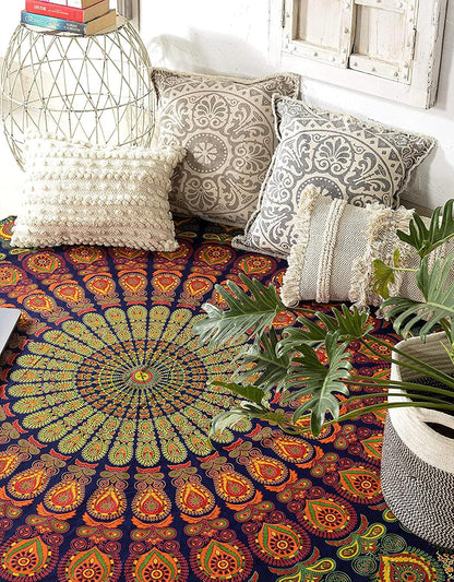 Yellow Mandala Round Beach Tapestry Hippie/Boho Beach Blanket/Indian Cotton Throw Bohemian Round Table Cloth/Aesthetic Tapestry/Yoga Mat Meditation Picnic Rugs 127 CM / 50 INCHE Circle