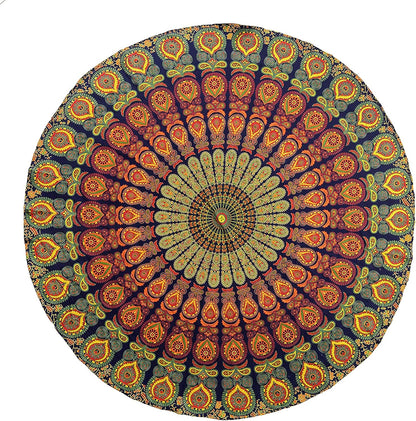 Yellow Mandala Round Beach Tapestry Hippie/Boho Beach Blanket/Indian Cotton Throw Bohemian Round Table Cloth/Aesthetic Tapestry/Yoga Mat Meditation Picnic Rugs 127 CM / 50 INCHE Circle