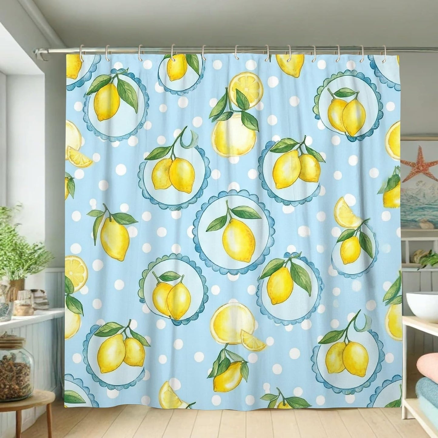 Lemon Shower Curtain, Summer Fresh Lemon Leaf Summer Yellow Waterproof Fabric Bathtub Cloth Curtains for Bathroom Toile Guest Room Decor 72x72 Inch