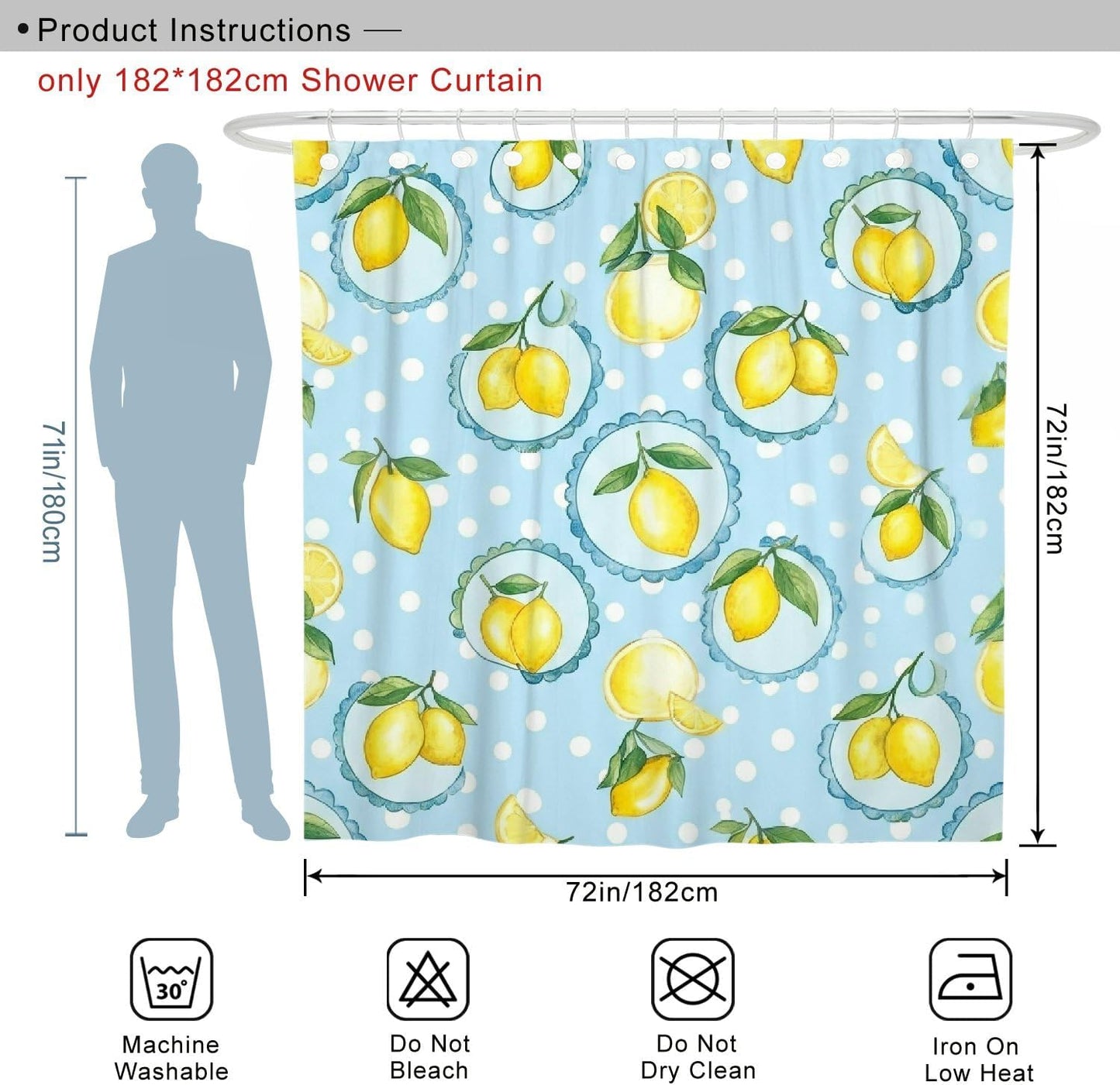 Lemon Shower Curtain, Summer Fresh Lemon Leaf Summer Yellow Waterproof Fabric Bathtub Cloth Curtains for Bathroom Toile Guest Room Decor 72x72 Inch