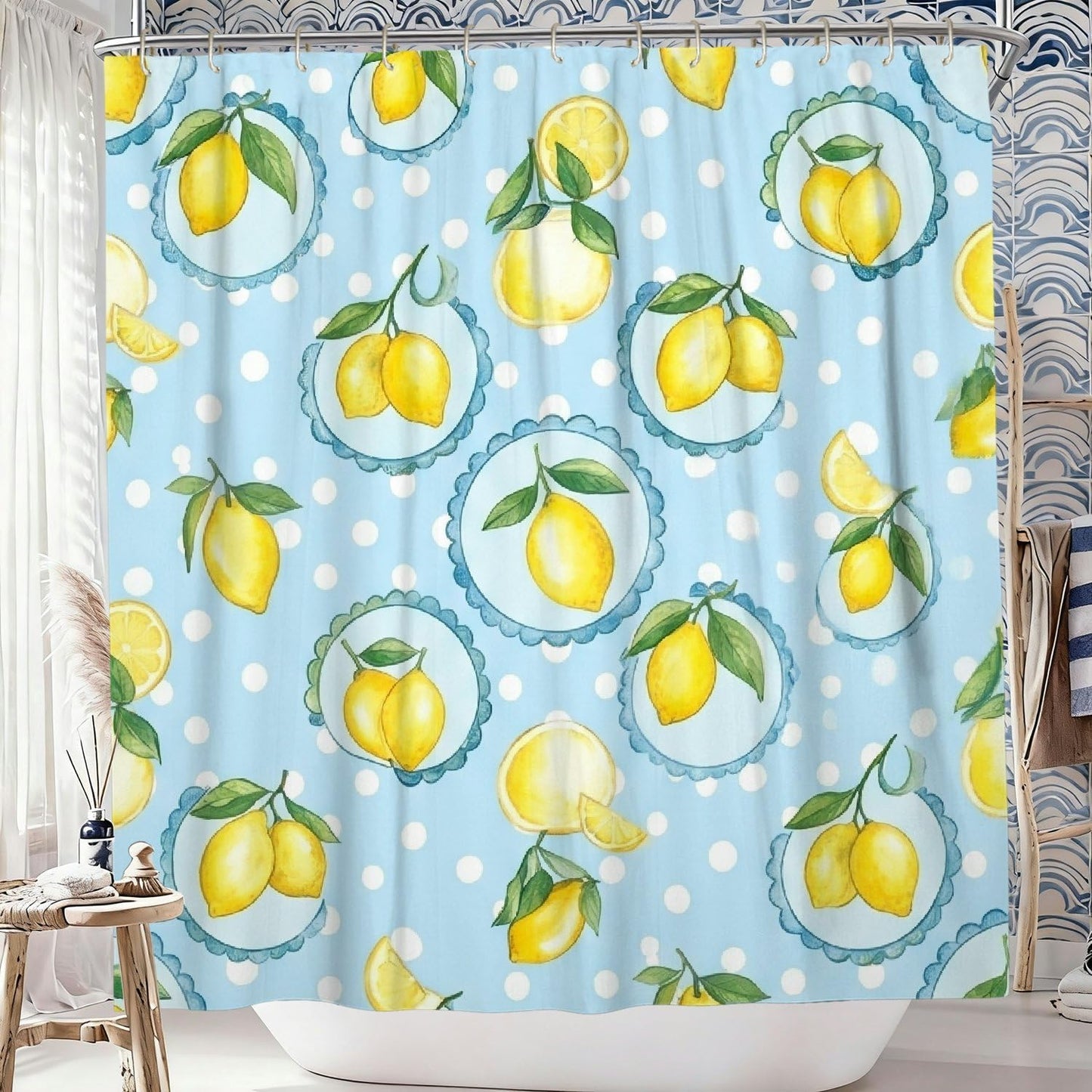 Lemon Shower Curtain, Summer Fresh Lemon Leaf Summer Yellow Waterproof Fabric Bathtub Cloth Curtains for Bathroom Toile Guest Room Decor 72x72 Inch
