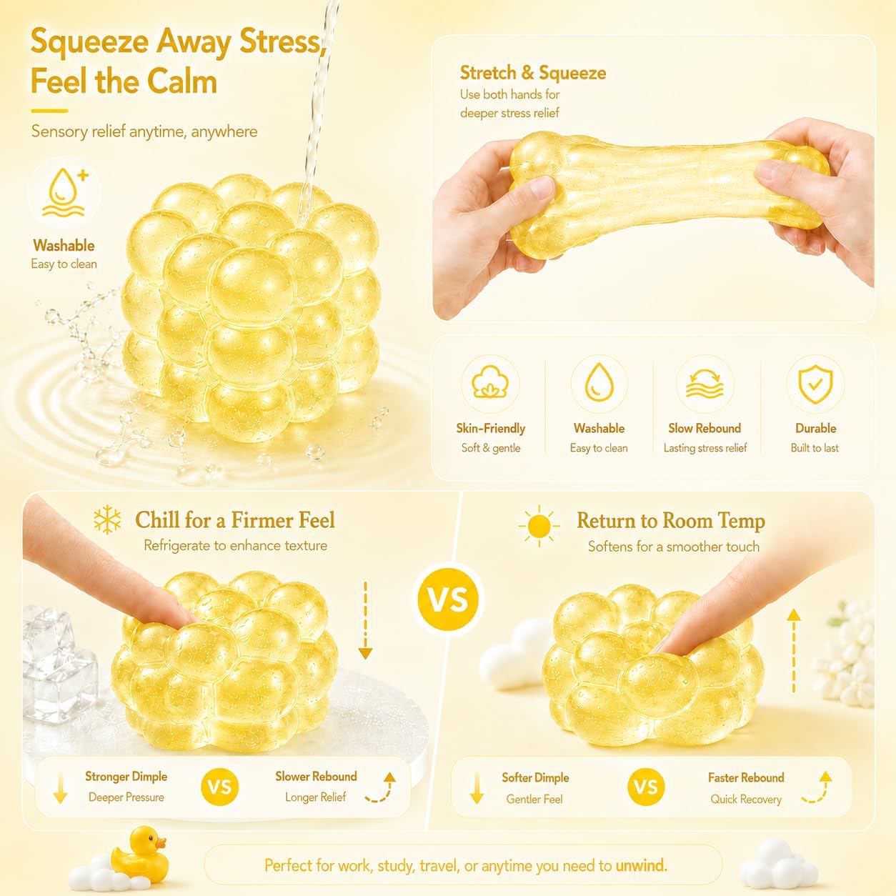 Heavy Duty Squishy Block Toy, 2" Stress Relief Ball, Sensory Fidget Toy for Adults , Calming Desk Accessory and Heavy Squeeze Toy (Bumpy Yellow Cube)