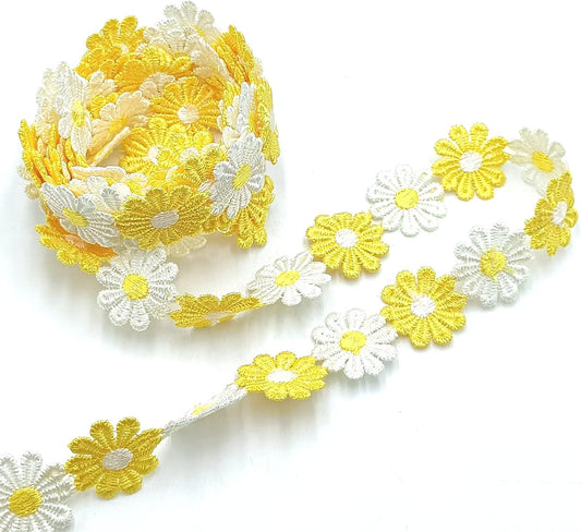 3 Yards Colorful Daisy Flower Lace Sun Flower Ribbon Wedding Embroidered Decorating Lace, for DIY Craft Handmade Make Sewing Supplies (Yellow)