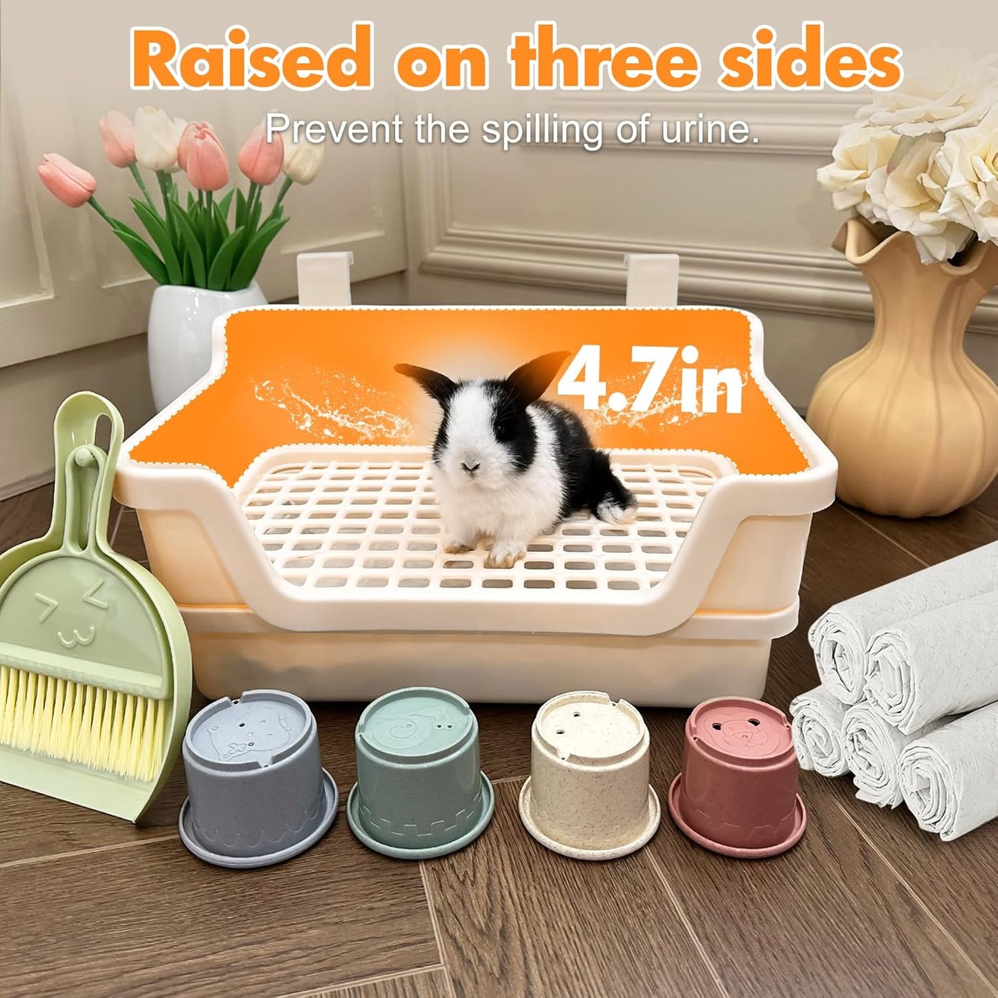 Large Rabbit Litter Box w/Plastic Grid & Dump Tray-Bunny Litter Pan Small Animal Potty Toilet - Pet Bunny Supplies Rabbit Cage Accessories for Training Corner Litter Box (Cream)