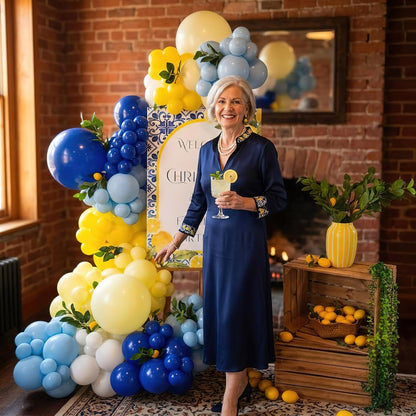 Lemon Balloon Arch Kit - 144 Pcs Royal Blue Yellow and White Balloon Garland with 18" Lemon Foil Balloons Bunting - Mediterranean Style Decor for Bridal Shower, Baby Shower, Birthday Party