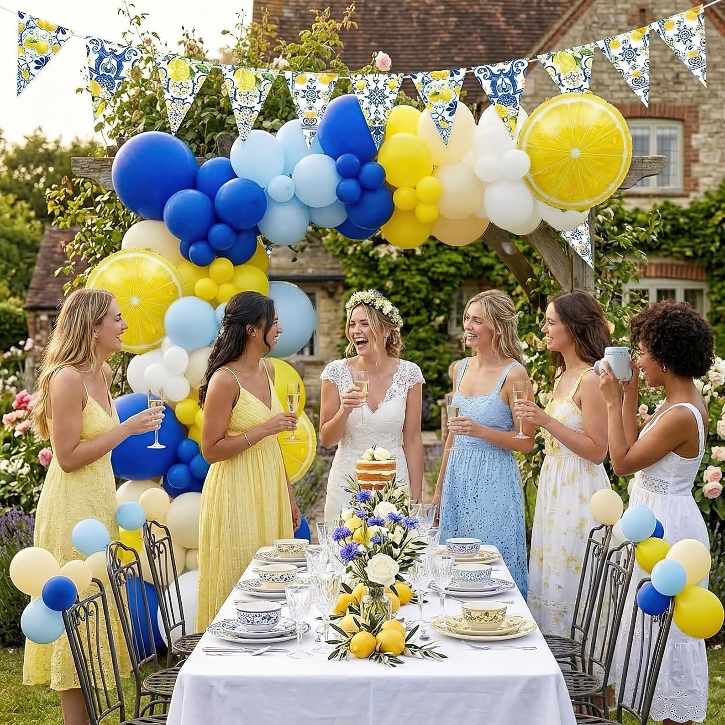 Lemon Balloon Arch Kit - 144 Pcs Royal Blue Yellow and White Balloon Garland with 18" Lemon Foil Balloons Bunting - Mediterranean Style Decor for Bridal Shower, Baby Shower, Birthday Party