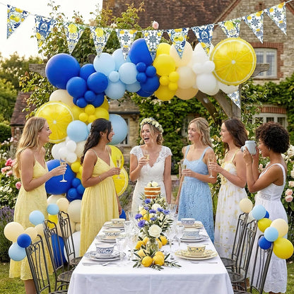 Lemon Balloon Arch Kit - 144 Pcs Royal Blue Yellow and White Balloon Garland with 18" Lemon Foil Balloons Bunting - Mediterranean Style Decor for Bridal Shower, Baby Shower, Birthday Party