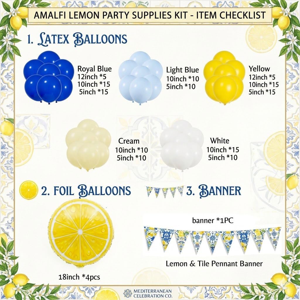 Lemon Balloon Arch Kit - 144 Pcs Royal Blue Yellow and White Balloon Garland with 18" Lemon Foil Balloons Bunting - Mediterranean Style Decor for Bridal Shower, Baby Shower, Birthday Party