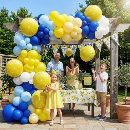 Lemon Balloon Arch Kit - 144 Pcs Royal Blue Yellow and White Balloon Garland with 18" Lemon Foil Balloons Bunting - Mediterranean Style Decor for Bridal Shower, Baby Shower, Birthday Party