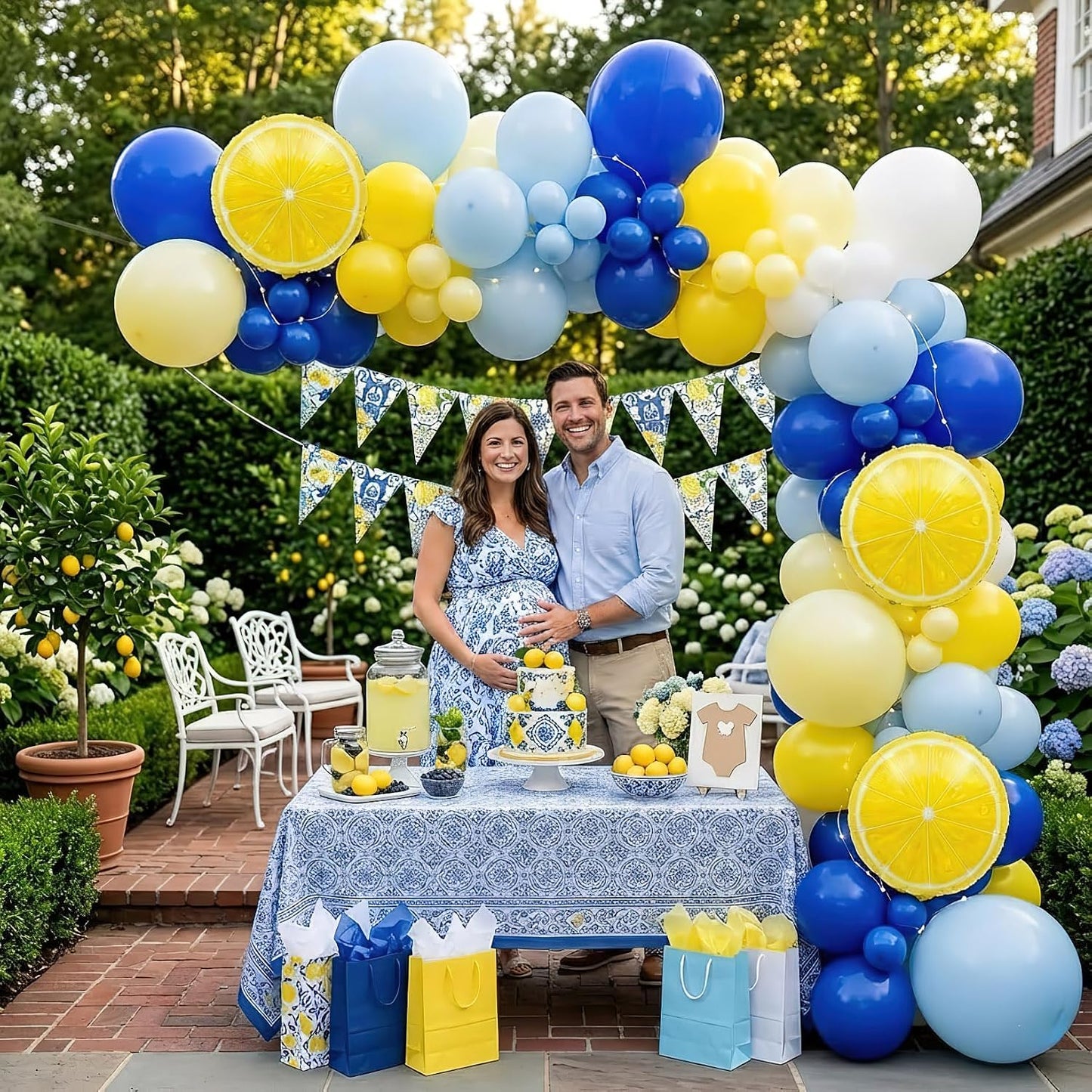 Lemon Balloon Arch Kit - 144 Pcs Royal Blue Yellow and White Balloon Garland with 18" Lemon Foil Balloons Bunting - Mediterranean Style Decor for Bridal Shower, Baby Shower, Birthday Party