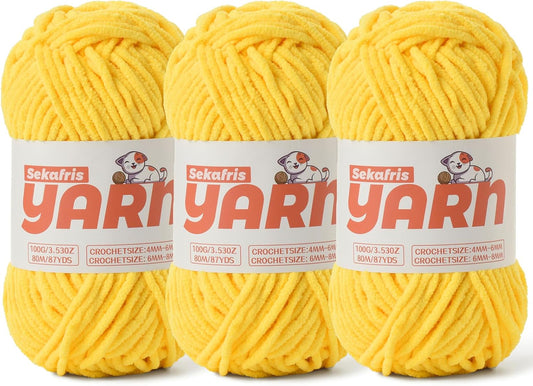 3 Pack Golden Yellow Chunky Chenille Yarn for Crocheting, Baby Yarn for Crocheting Soft Blanket/Amigurumi, 300g (262yds) Super Bulky Fluffy Velvet Knitting/Crochet Yarn