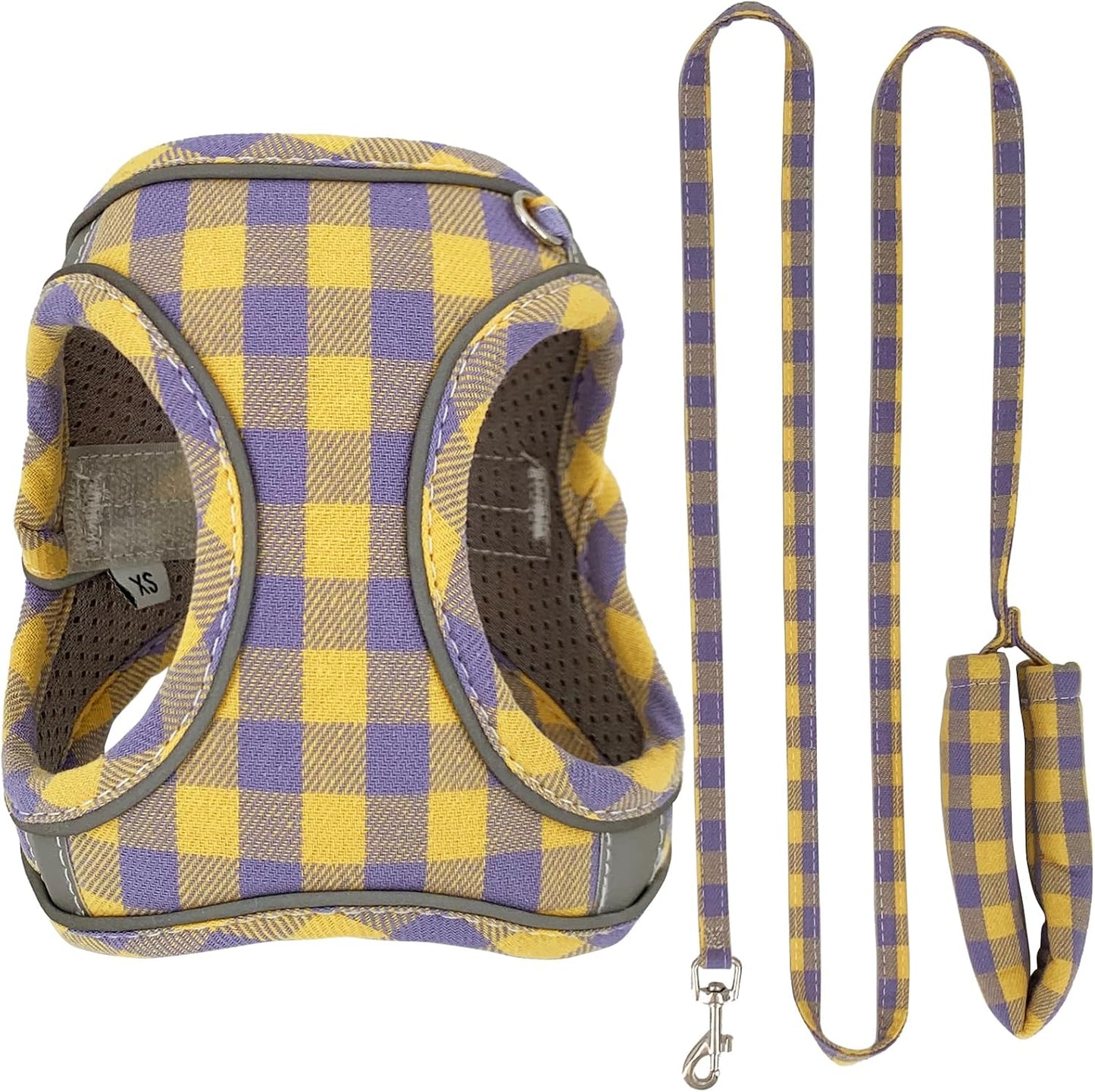 Plaid Dog Harness and Leash Set, Step-in Breathable Mesh Vest Harness for Small Medium Dogs, Reflective No-Pull Pet Harness with Soft Padded Handle for Walking (Purple-Yellow, S)