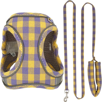 Plaid Dog Harness and Leash Set, Step-in Breathable Mesh Vest Harness for Small Medium Dogs, Reflective No-Pull Pet Harness with Soft Padded Handle for Walking (Purple-Yellow, S)