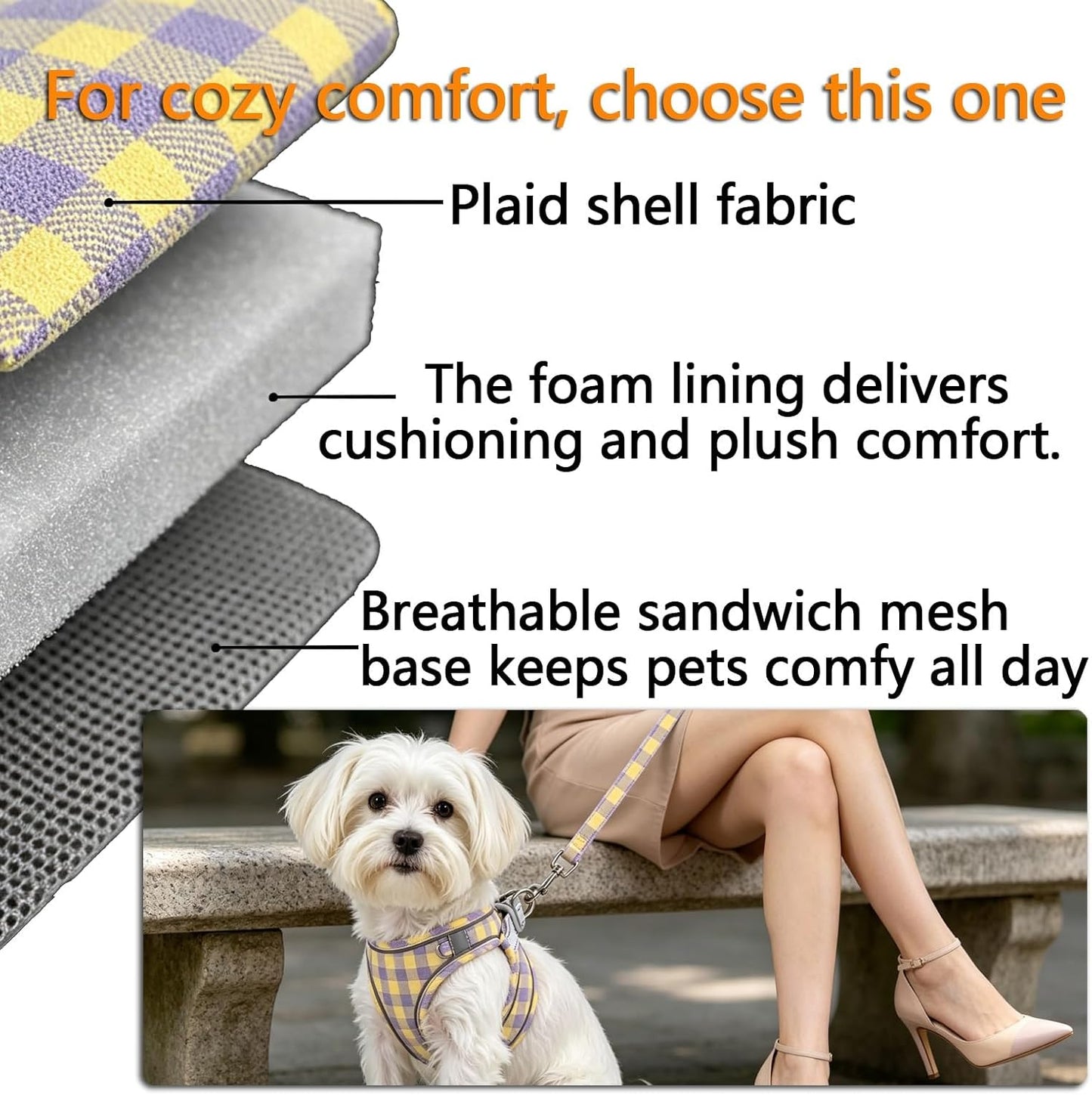 Plaid Dog Harness and Leash Set, Step-in Breathable Mesh Vest Harness for Small Medium Dogs, Reflective No-Pull Pet Harness with Soft Padded Handle for Walking (Purple-Yellow, S)