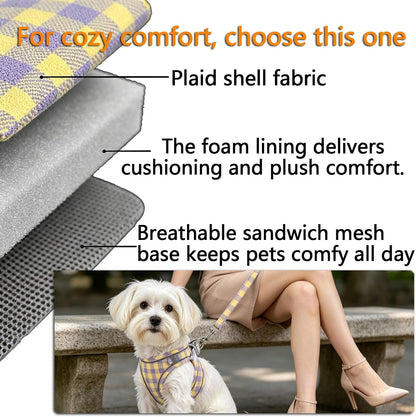 Plaid Dog Harness and Leash Set, Step-in Breathable Mesh Vest Harness for Small Medium Dogs, Reflective No-Pull Pet Harness with Soft Padded Handle for Walking (Purple-Yellow, S)