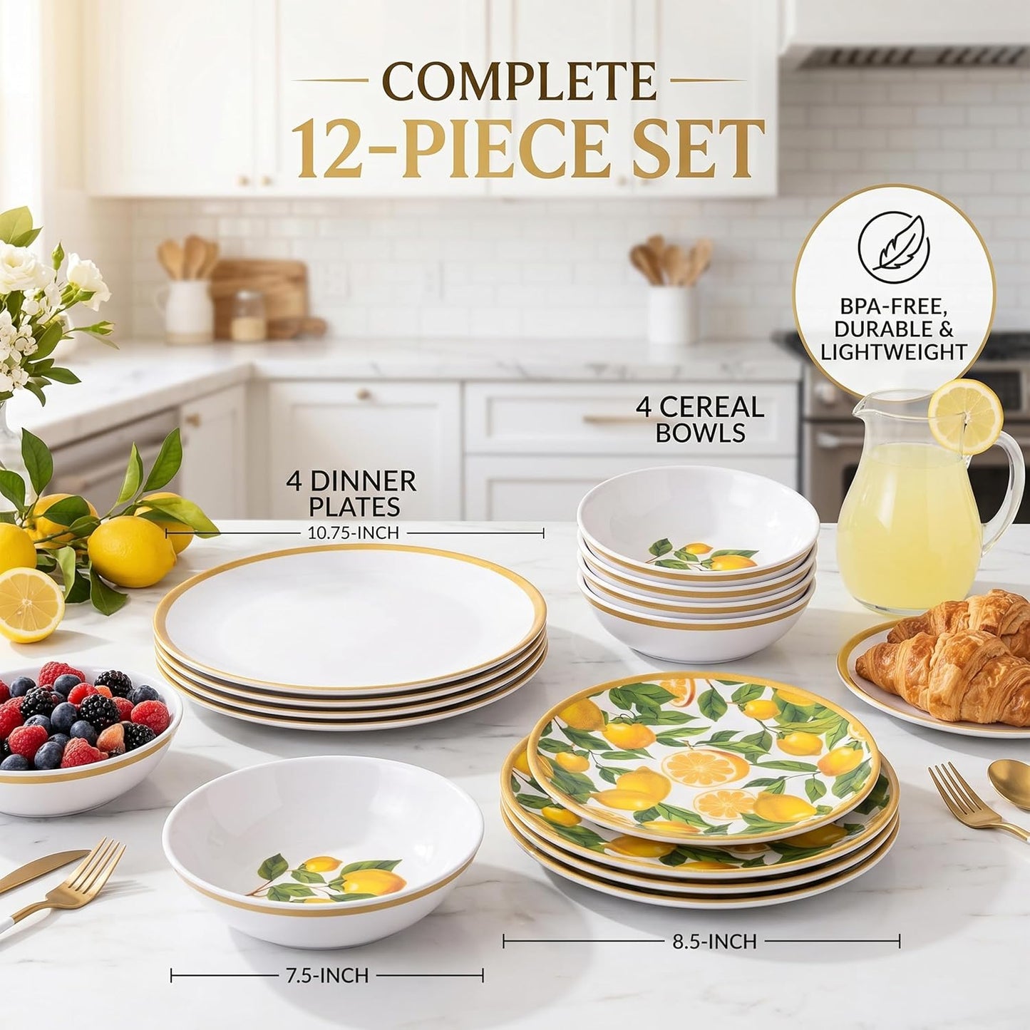 Melamine Dinnerware Sets- 12pcs Melamine Plates and Bowls Set for 4,Indoor and Outdoor Dinnerware, Lemon dinnerware set