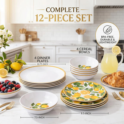 Melamine Dinnerware Sets- 12pcs Melamine Plates and Bowls Set for 4,Indoor and Outdoor Dinnerware, Lemon dinnerware set