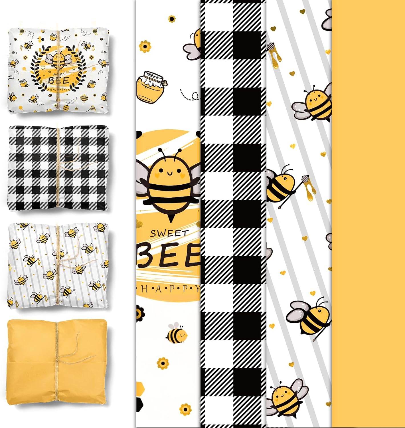 Bee Party Supplies - 24 Sheets Tissue Paper, Yellow Black Honey Bee Wrapping Tissue Paper for Birthday Baby Shower Gender Reveal Party Decoration