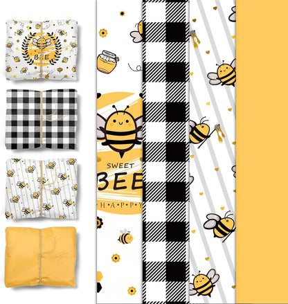 Bee Party Supplies - 24 Sheets Tissue Paper, Yellow Black Honey Bee Wrapping Tissue Paper for Birthday Baby Shower Gender Reveal Party Decoration